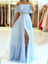 A Line Off the Shoulder Split Blue Chiffon Prom Dress with Beading Belt LBQ2201